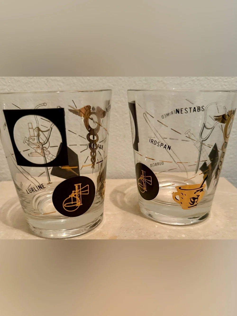 2 MCM Medical/Pharmacist Theme Rocks 16oz Glasses w/22k gold and black.